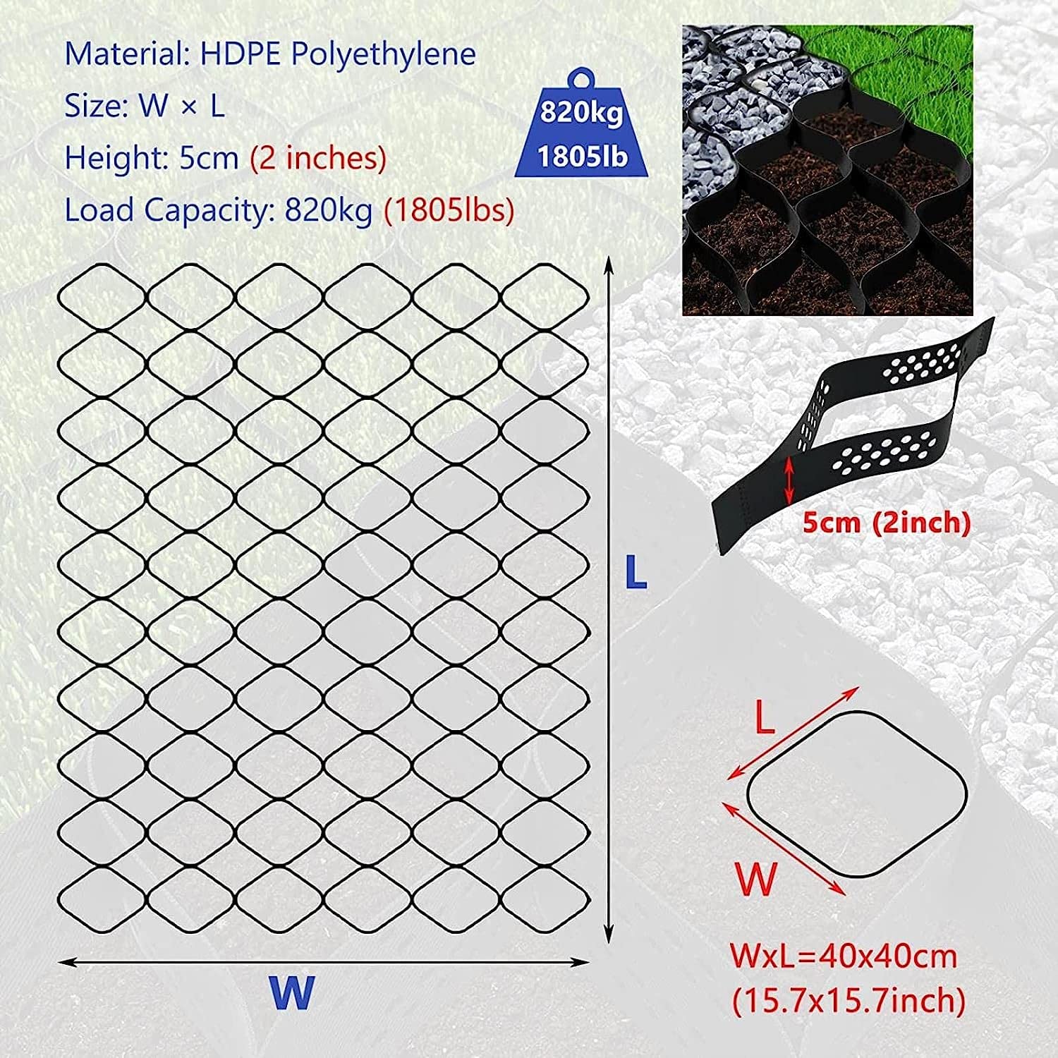 Driveway Grids Garden Shed Base Grid,Heavy Duty Gravel Stabilizer Geocell Grid for Retaining Walls Driveway Path, Muds/Erosion Control Foundation Extensible ( Color : W x L , Size : 1m x 5m (3.3X16.5f