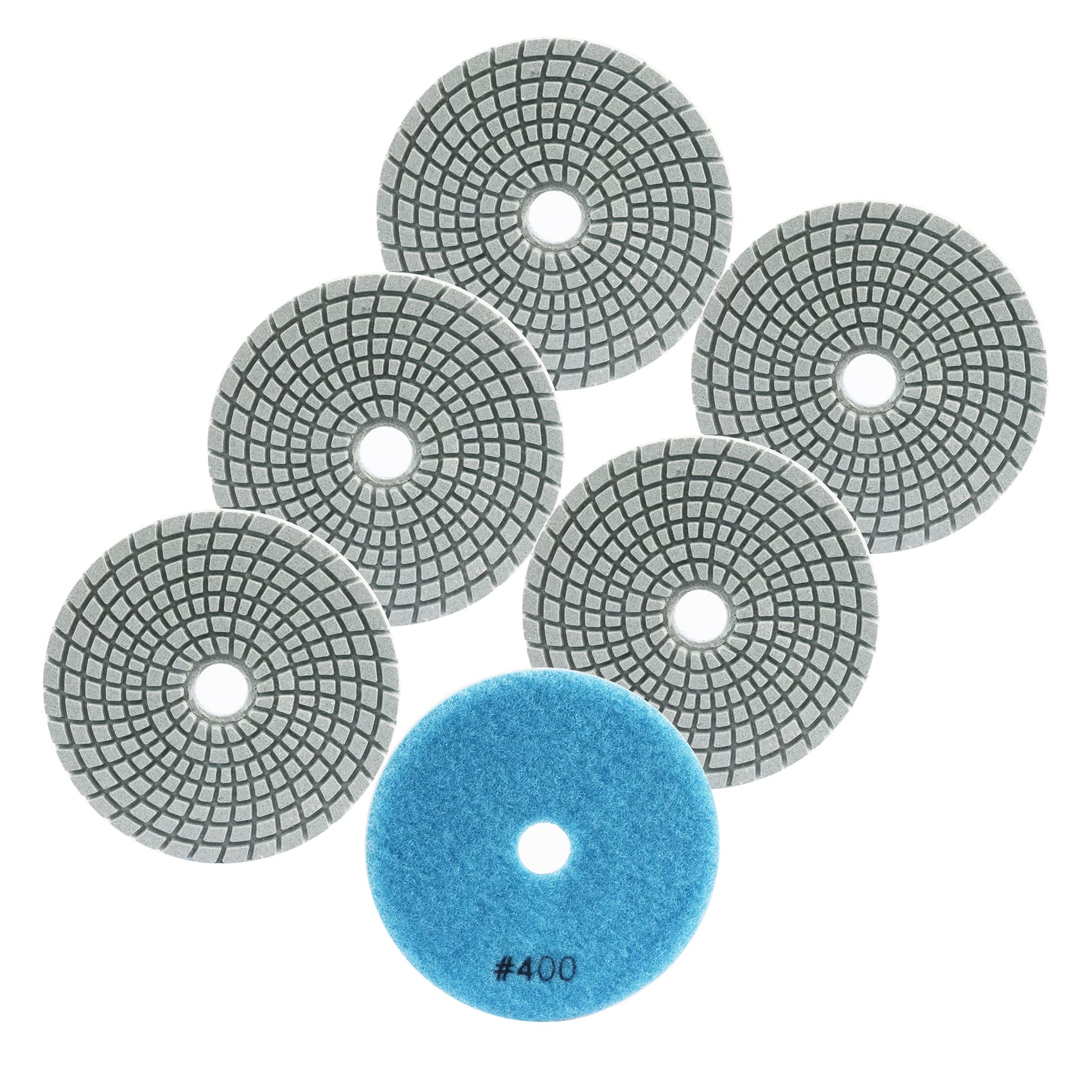 FOCSTOL Diamond Wet Polishing Pads - 4''(100mm) Grit 400 Polishing Kit for Granite Marble Artificial Stone Quartz for Angle Grinder 6pcs