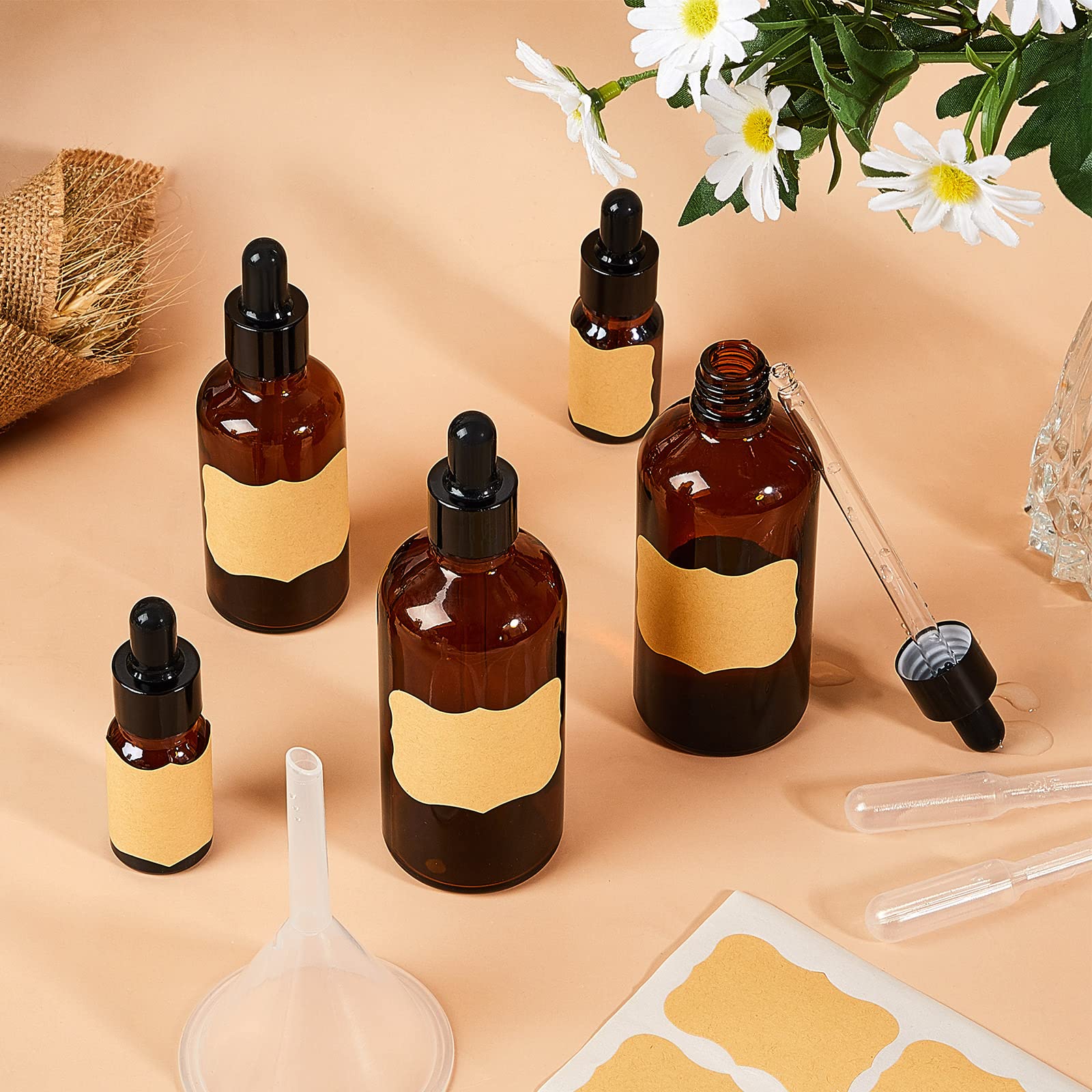 Lallisa 48 Pcs Glass Dropper Bottles with Eye Dropper Dispensers Lab Dropping Bottles with 4 Pcs Long Pipettes 4 Funnel and 80 Label for Travel Cuticle Massage Essential Oils Perfume (Amber,4 oz)