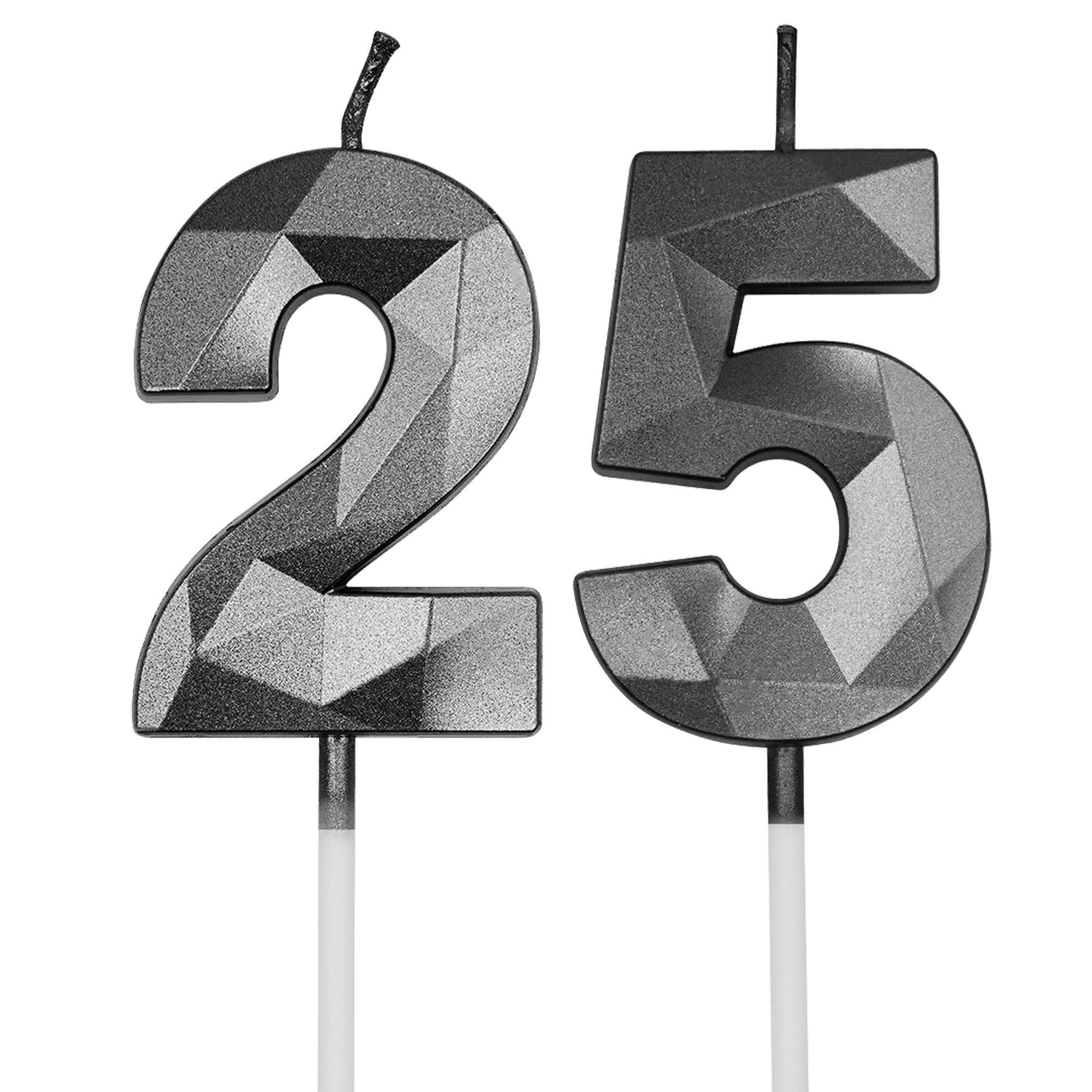 25th & 52nd Birthday Candles for Cake, Black Number 25 52 3D Diamond Shaped Candle Birthday Decorations Party Supplies for Women or Men