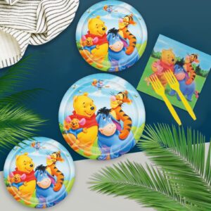 Winnie The Pooh Birthday Party Supplies, Include Banner, Background, Hanging Swirls Decorations, Latex Balloons, Plates, Cutlery, Napkins,Great Birthday and Baby Shower Tableware and Decorations Set