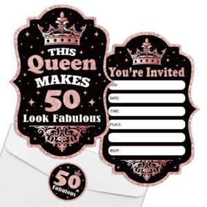 rewidparty rose gold 50th birthday party invitations with envelopes & stickers（set of 15） 50th birthday shaped fill-in invitations happy 50th birthday invites cards birthday party supplies for women