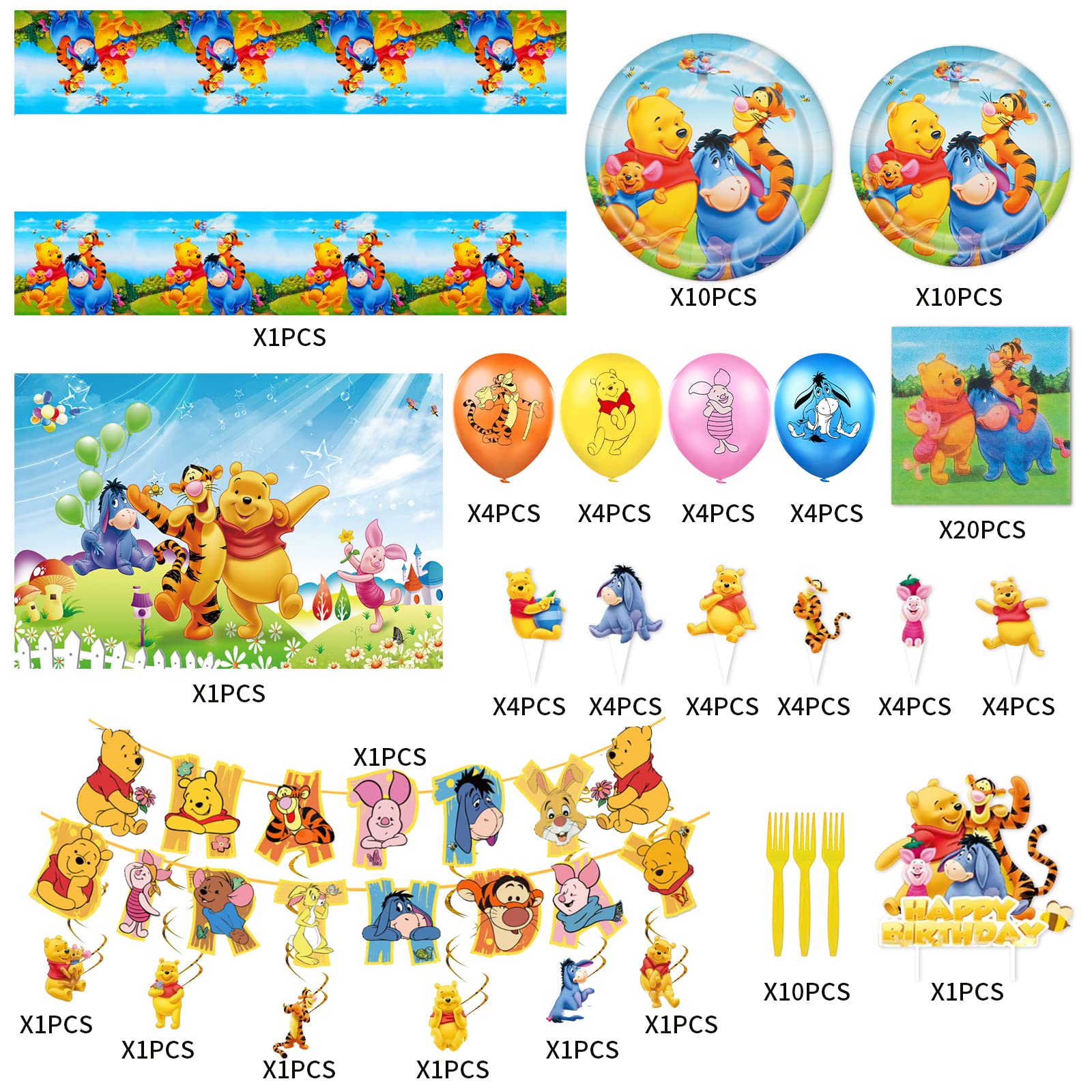 Winnie The Pooh Birthday Party Supplies, Include Banner, Background, Hanging Swirls Decorations, Latex Balloons, Plates, Cutlery, Napkins,Great Birthday and Baby Shower Tableware and Decorations Set