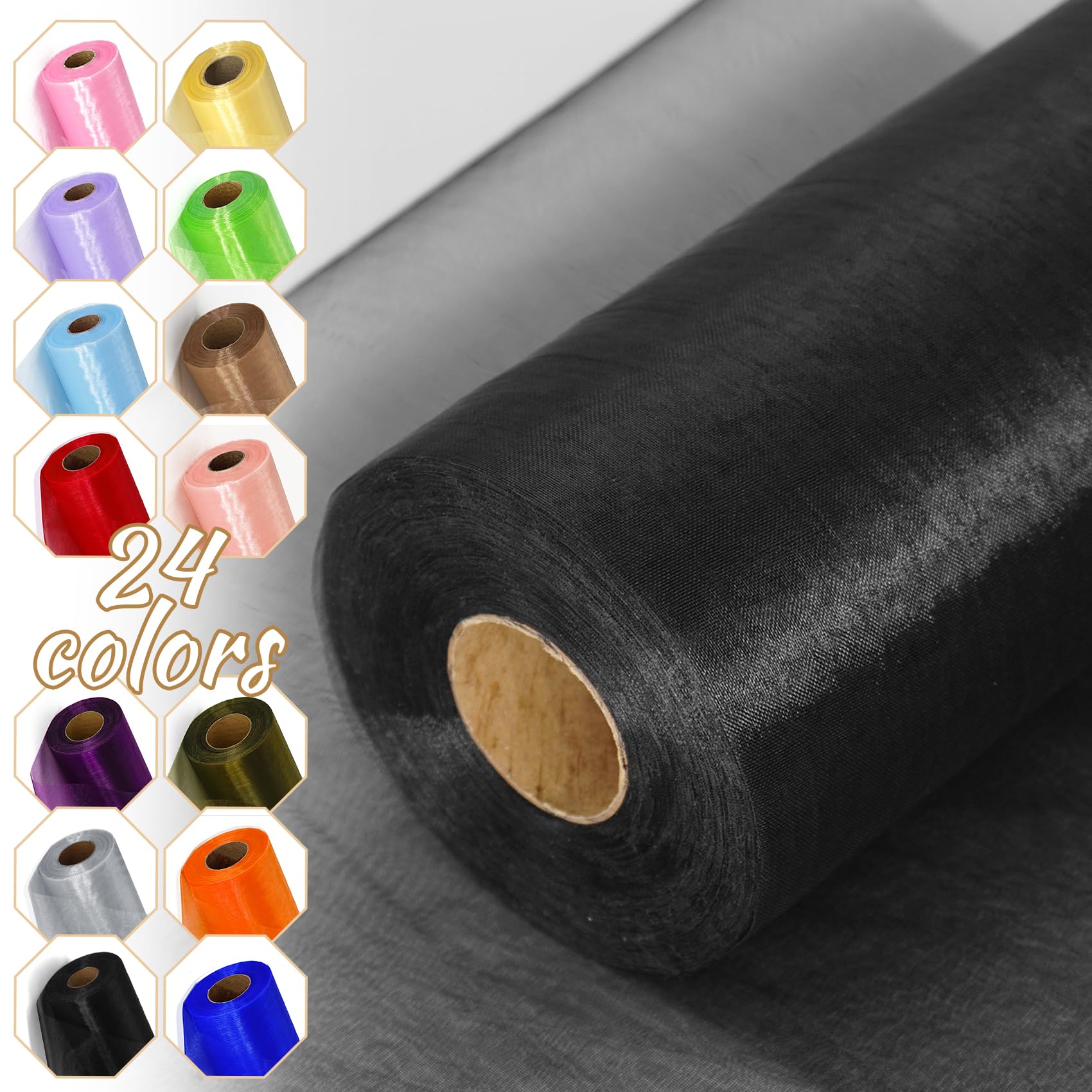 Black Organza Fabric Roll Crystal Organza 12" by 50 Yards Sheer Tulle Fabric Shiny Netting for Halloween Party Backdrop Decoration Table Runner Gift Wrapping DIY Crafts