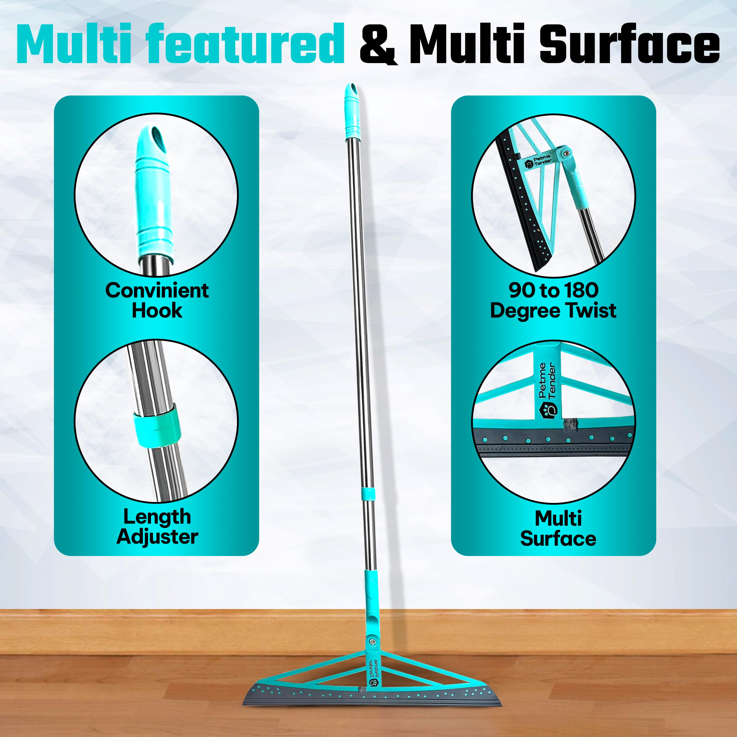 Petme Tender Magic Broom Squeegee Dog Pet Hair Remover, Rotatable, Extendable - Silicone Broom Pet Hair Remover for All-Surfaces Hardwood Floors, Carpet, Tile, Glass, Liquid-Dirt with 60" Handle