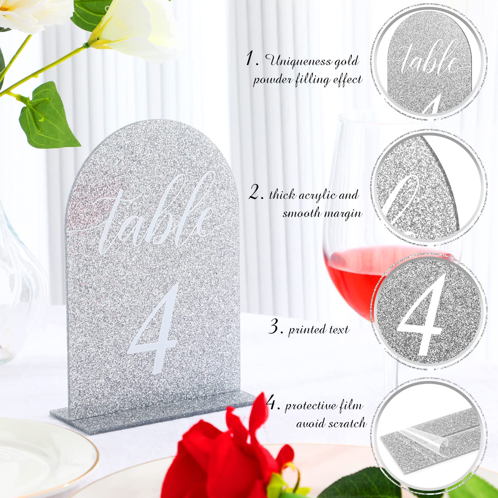 Geetery 20 Pcs Bling Table Numbers 1-20, Acrylic Wedding Table Number with Stands, 5 x 7 Inch Table Number Holders, Glitter Table Sign Numbers for Wedding Reception, Event, Party (Silver)