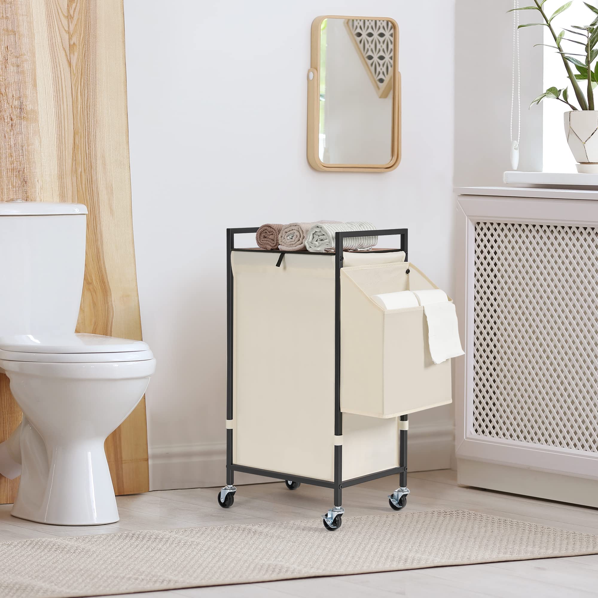 Laundry Hamper with Rustic Brown Lid & Wheels; 96L Large Rolling Laundry Basket with Removable Oxford Liner Bag; Tall Freestanding Dirty Clothes Hamper with Side Pocket; Metal Frame Laundry Cart