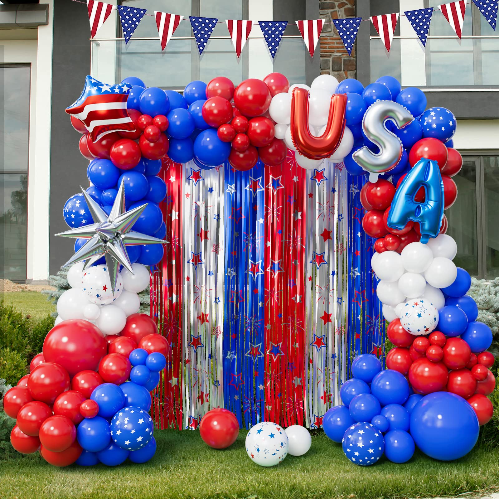 Bonropin Red White and Blue Balloons Garland Kit with Patriotic Theme Foil Fringe Curtain for Graduation Party Supplies Nautical Veterans Memorial Day 4th of July Balloon Arch Decorations