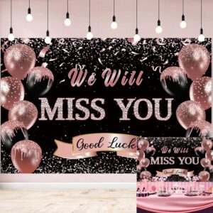 retirement farewell party backdrop we will miss you rose gold glitter balloon photography background goodbye going away retirement bye office work graduation party decoration 7x5ft