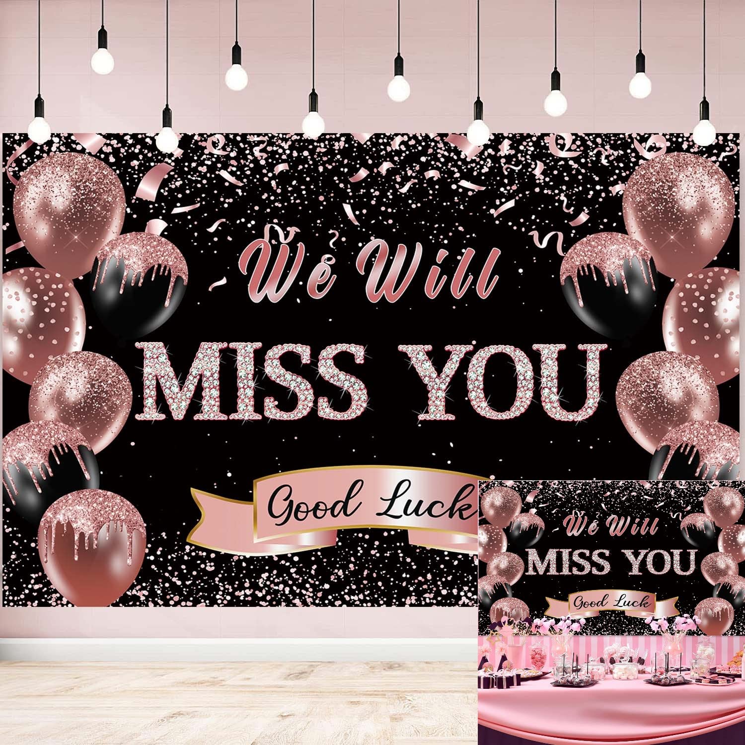 Retirement Farewell Party Backdrop We Will Miss You Rose Gold Glitter Balloon Photography Background Goodbye Going Away Retirement Bye Office Work Graduation Party Decoration 7x5FT