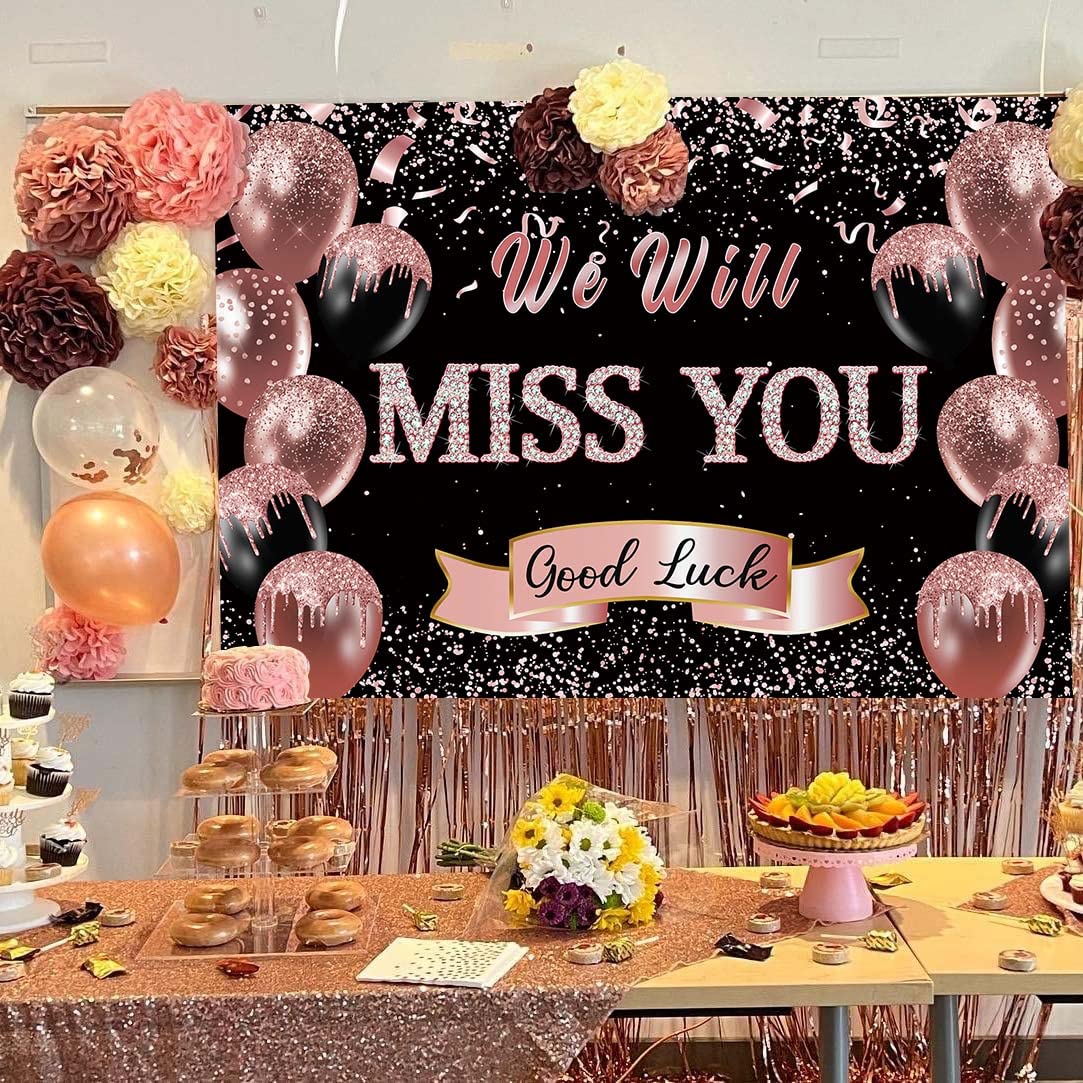 Retirement Farewell Party Backdrop We Will Miss You Rose Gold Glitter Balloon Photography Background Goodbye Going Away Retirement Bye Office Work Graduation Party Decoration 7x5FT