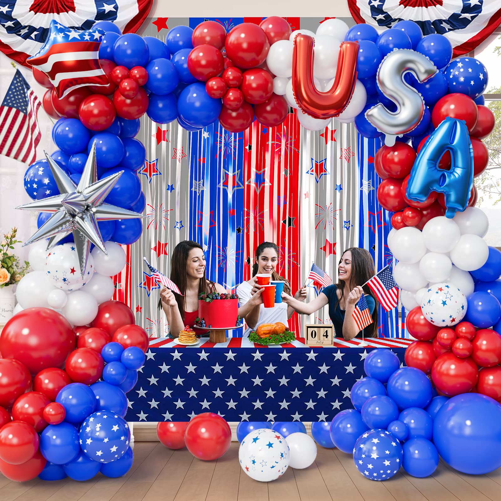 Bonropin Red White and Blue Balloons Garland Kit with Patriotic Theme Foil Fringe Curtain for Graduation Party Supplies Nautical Veterans Memorial Day 4th of July Balloon Arch Decorations