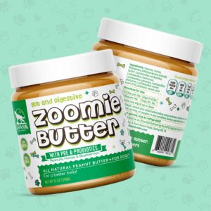 Zoomie Butter Gut & Digestive Pre & Probiotic Dog Peanut Butter Spread, All Natural Dog Treat. Human Grade & Safe Puppy Food, Peanuts & Blueberries for Digestion, Inflammation, Grown & Made in USA