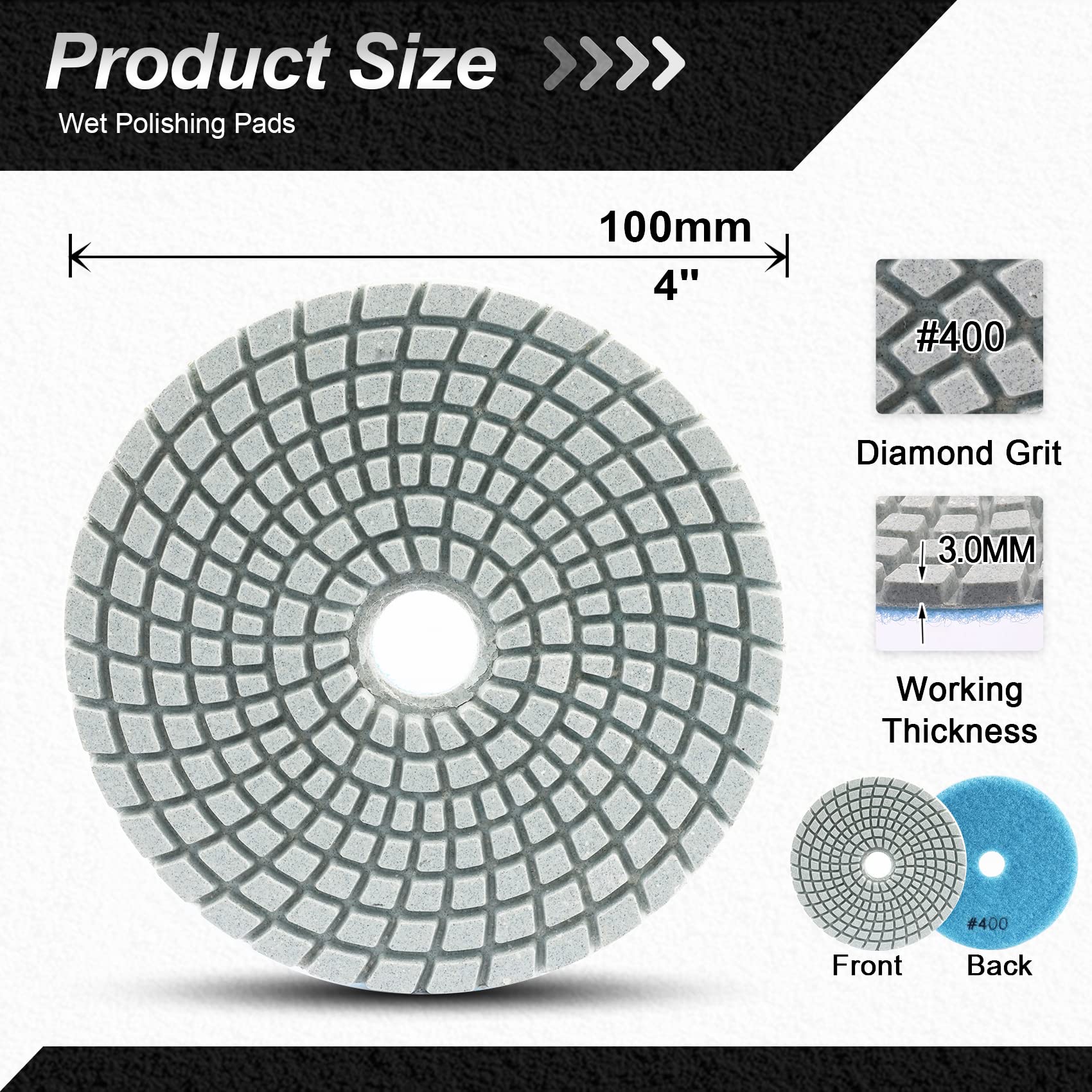 FOCSTOL Diamond Wet Polishing Pads - 4''(100mm) Grit 400 Polishing Kit for Granite Marble Artificial Stone Quartz for Angle Grinder 6pcs