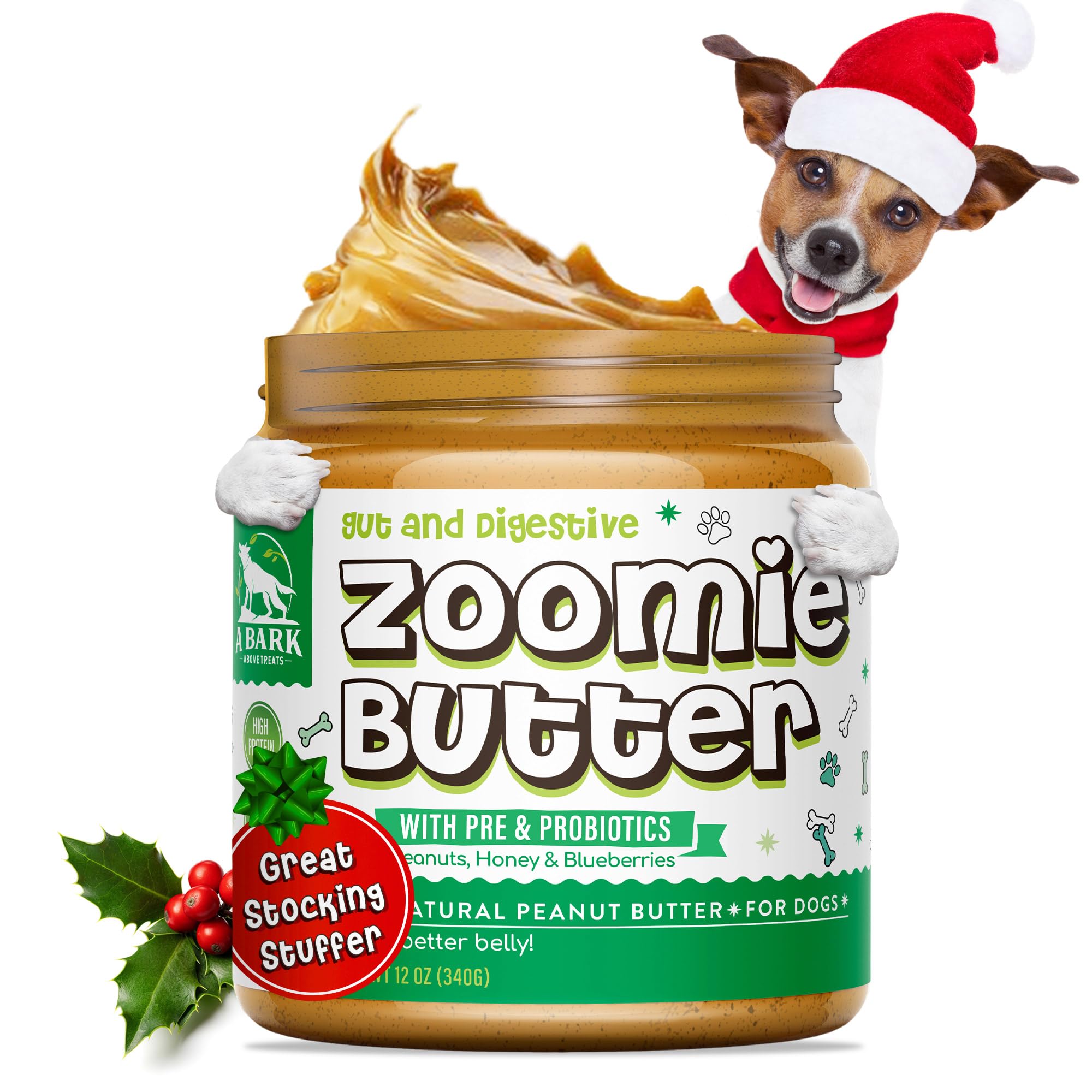 Zoomie Butter Gut & Digestive Pre & Probiotic Dog Peanut Butter Spread, All Natural Dog Treat. Human Grade & Safe Puppy Food, Peanuts & Blueberries for Digestion, Inflammation, Grown & Made in USA