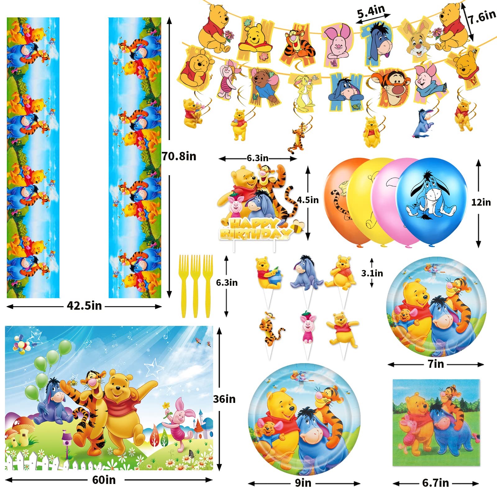 Winnie The Pooh Birthday Party Supplies, Include Banner, Background, Hanging Swirls Decorations, Latex Balloons, Plates, Cutlery, Napkins,Great Birthday and Baby Shower Tableware and Decorations Set