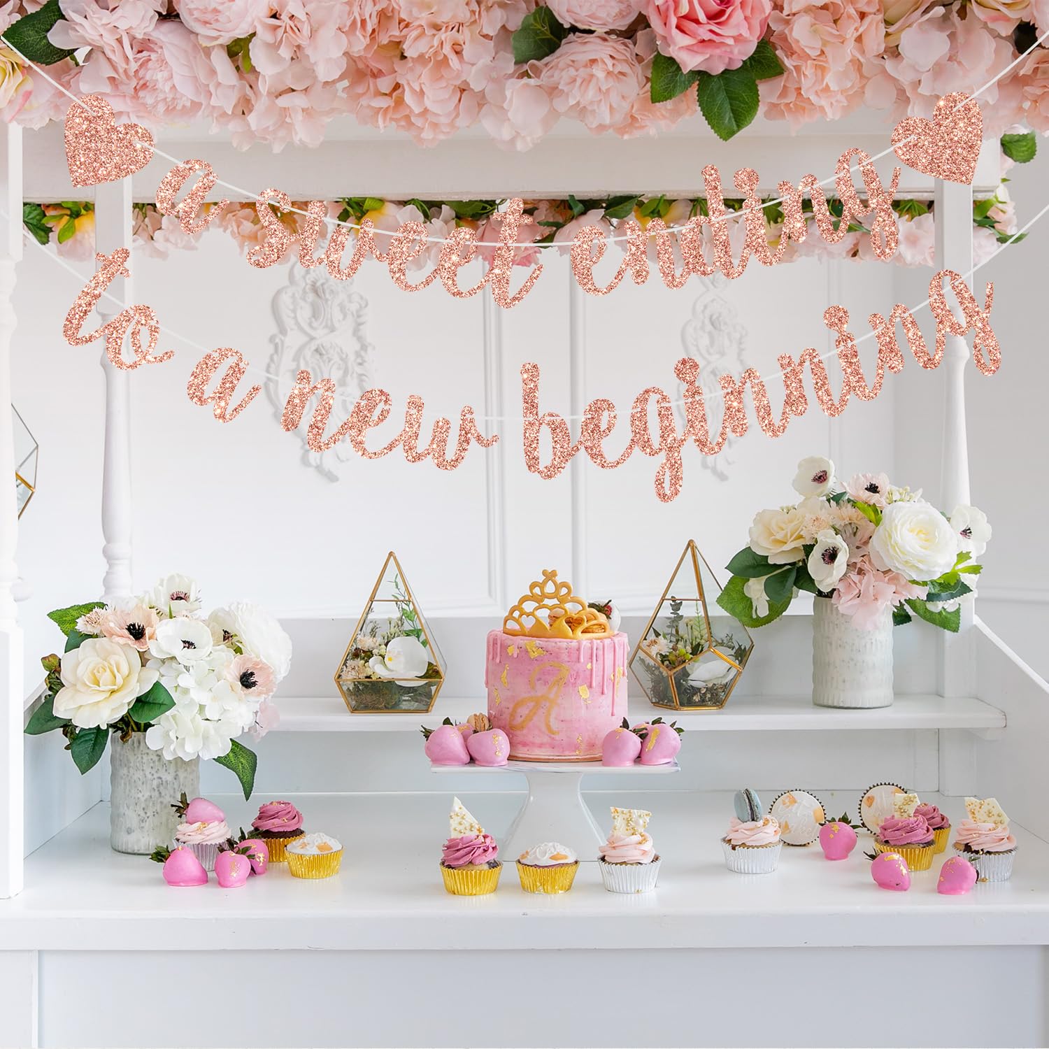 A Sweet Ending to A New Beginning Banner, Let the Adventure Begin, Graduation/Wedding/Retirement/Birthday Party Decorations (Rose Gold Glitter)