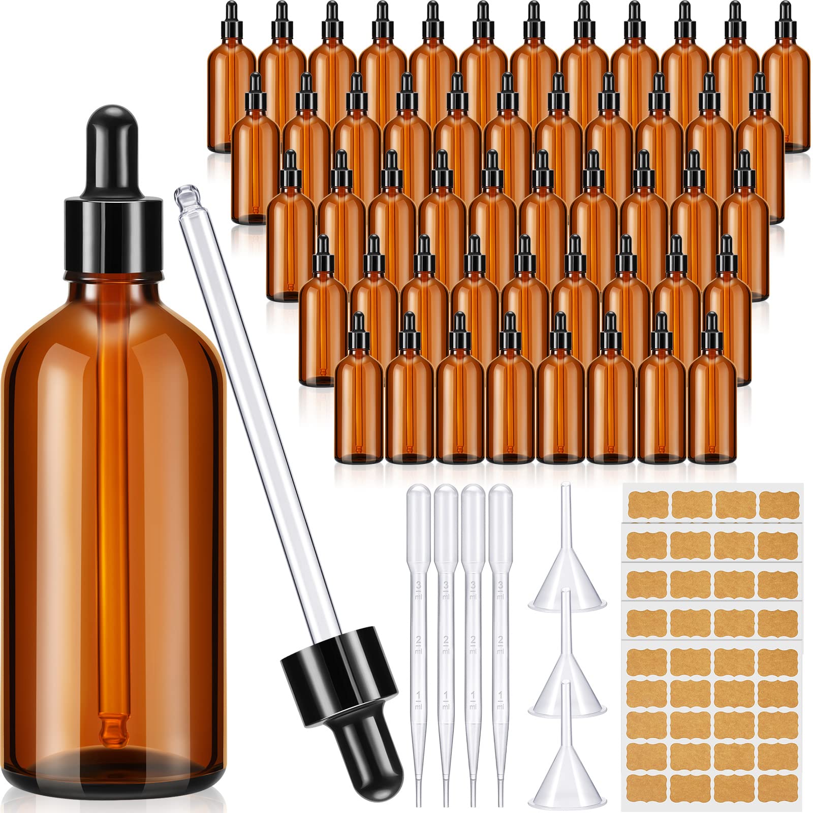 Lallisa 48 Pcs Glass Dropper Bottles with Eye Dropper Dispensers Lab Dropping Bottles with 4 Pcs Long Pipettes 4 Funnel and 80 Label for Travel Cuticle Massage Essential Oils Perfume (Amber,4 oz)