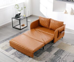 kinffict pu leather pull out sofa bed, convertible small loveseat sleeper with storage drawer and 2 pillows, 2 in 1 futon couch with removable pocket, modern love seat for living room, light brown