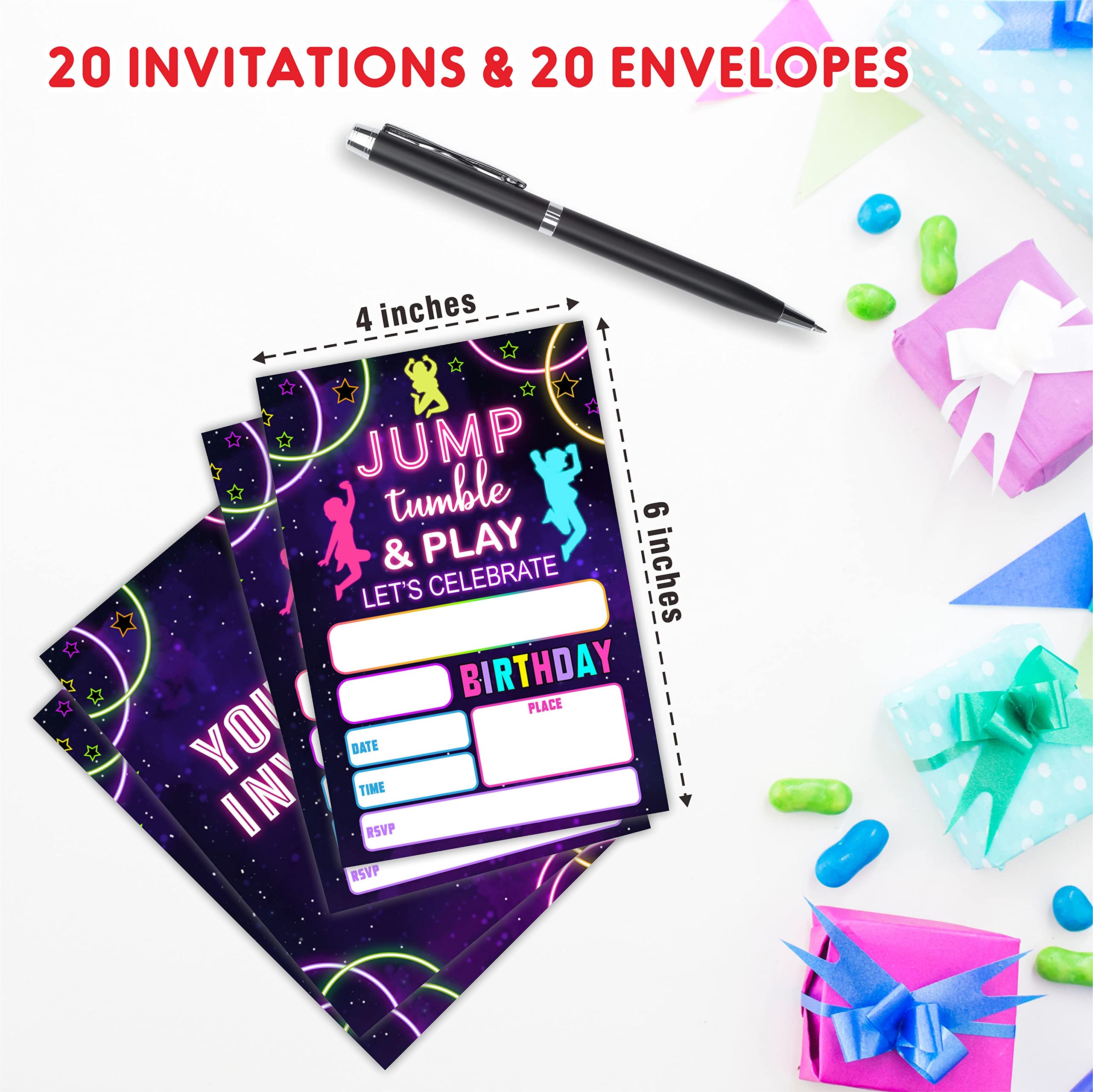 AWSICE Jump Tumble & Play Birthday Invitations, Neon Glow Double-Sided Fill-In Invite Cards For Birthday Party, 20 Invitations With Envelopes, Decorations,Party Favor And Supply-B02