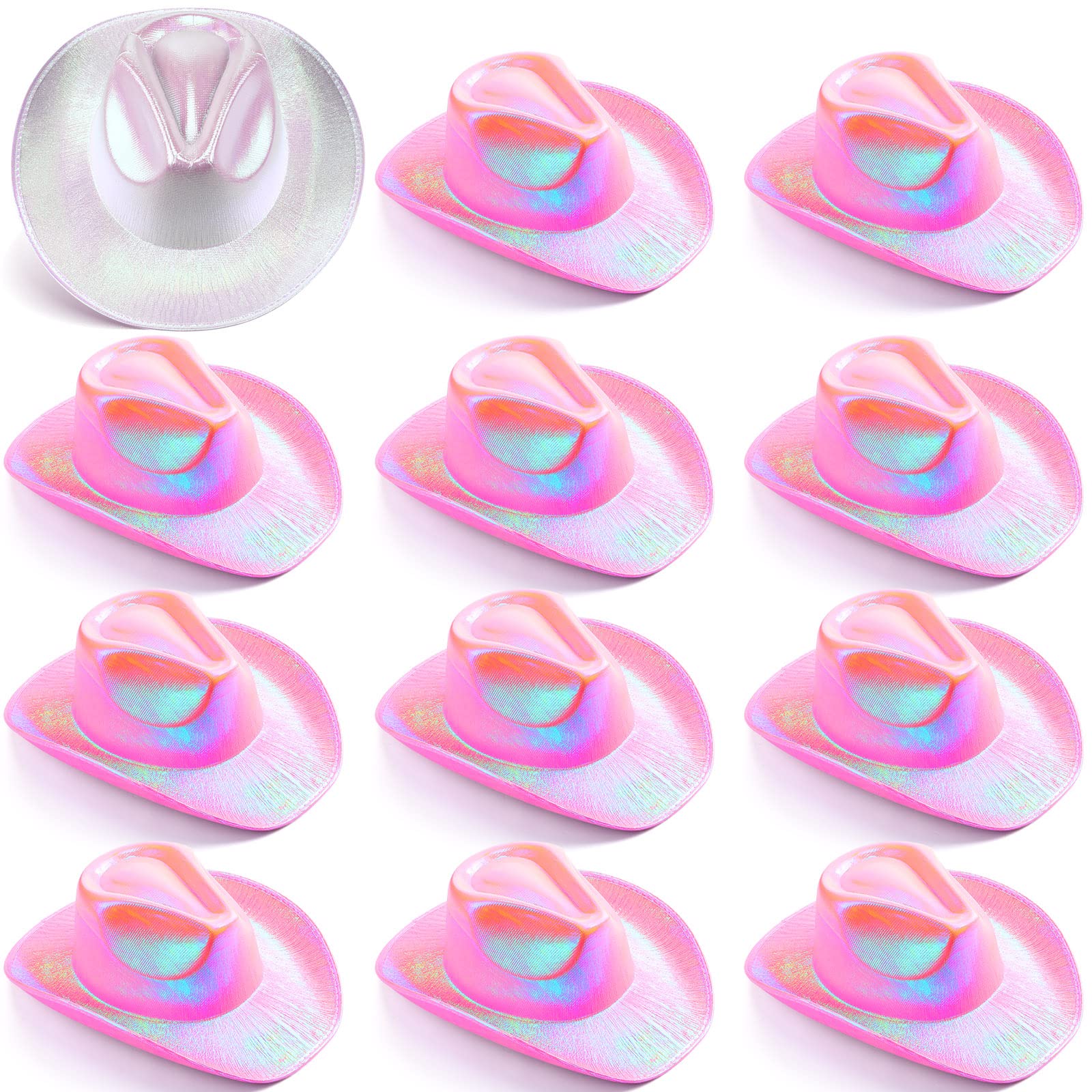 Yahenda 12 Pcs Bachelorette Cowgirl Hats Holographic Bride Cowboy Hat for Western Bachelorette Party Bride Bridesmaid Wedding (White, Pink)