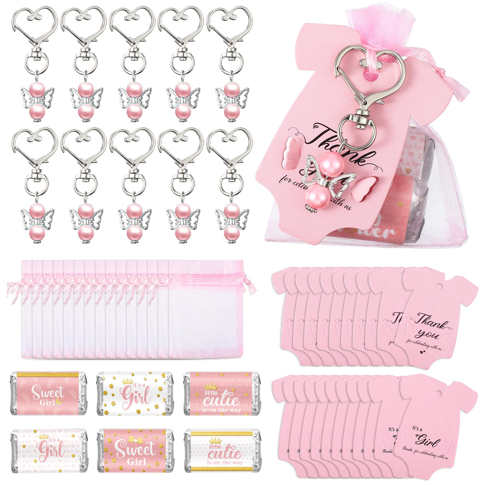 Teling 50 Sets Baby Shower Party Favors Include Baby Shower Angel Keychains Baby Girl Label Sticker Elephant Thank You Card Organza Bag for Girl Baby Shower Birthday Party Return Gift (Pink)