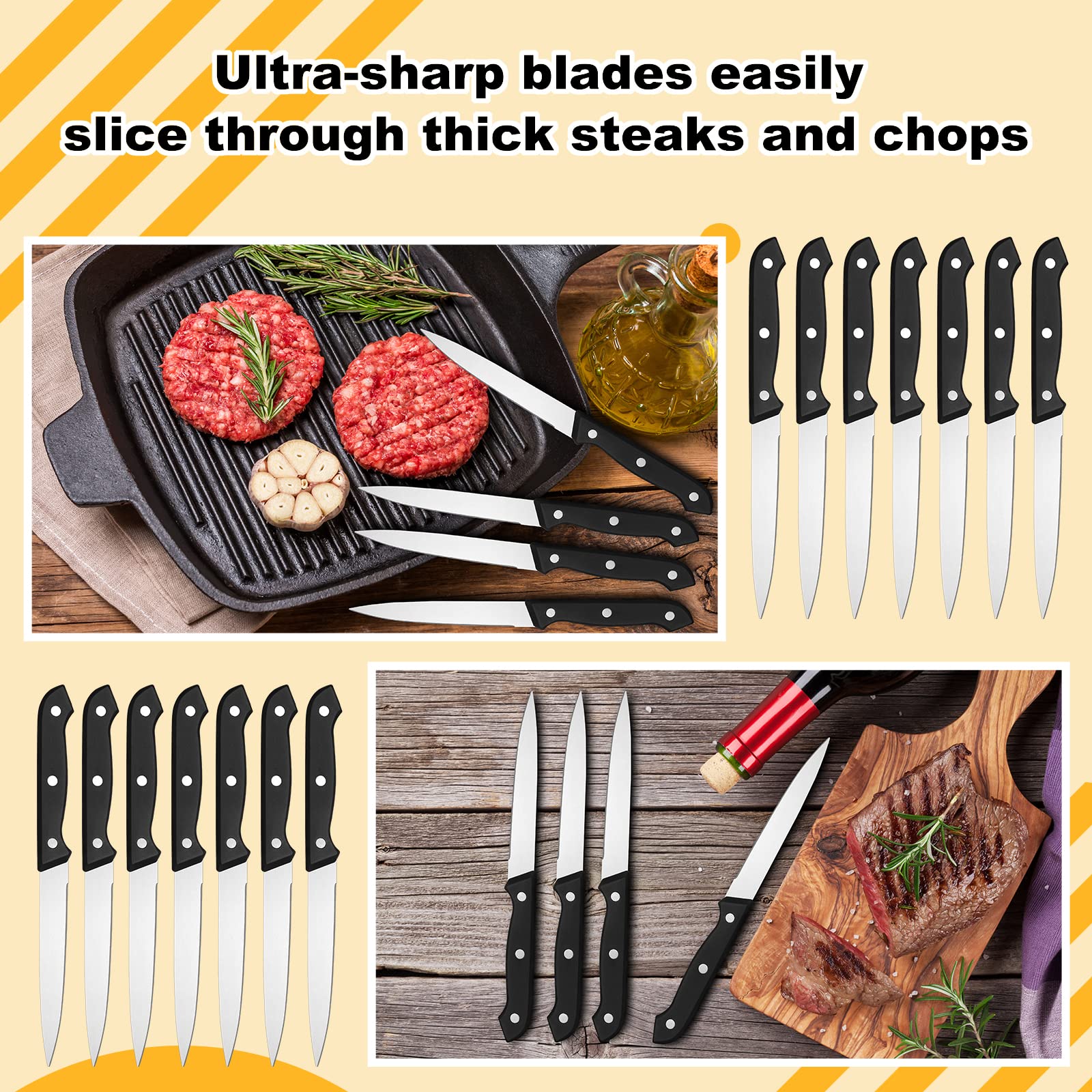 Lasnten 50 Pcs Fine Edge Steak Knife Set 8.67 Inches Stainless Steel Steak Knives Rust Resistant Non Serrated Steak Knives Triple Riveted Straight Table Dinner Knives for Cutting Meat, Black