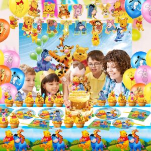 Winnie The Pooh Birthday Party Supplies, Include Banner, Background, Hanging Swirls Decorations, Latex Balloons, Plates, Cutlery, Napkins,Great Birthday and Baby Shower Tableware and Decorations Set