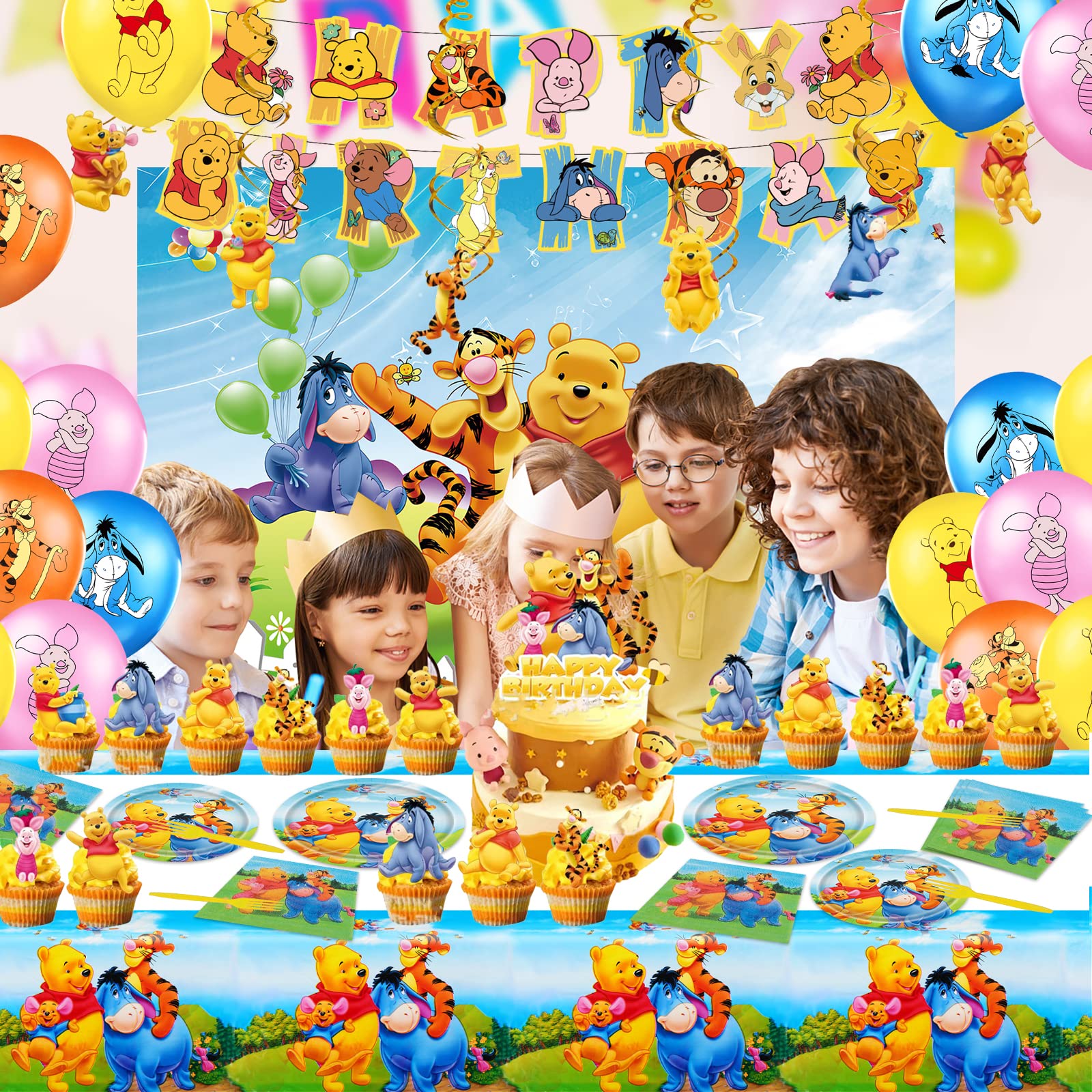 Winnie The Pooh Birthday Party Supplies, Include Banner, Background, Hanging Swirls Decorations, Latex Balloons, Plates, Cutlery, Napkins,Great Birthday and Baby Shower Tableware and Decorations Set