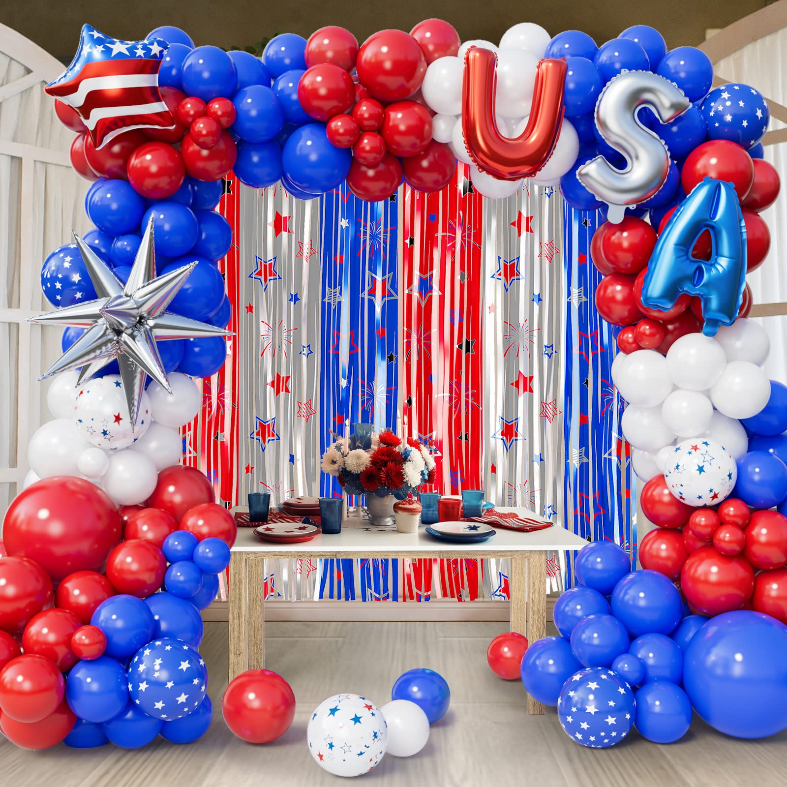 Bonropin Red White and Blue Balloons Garland Kit with Patriotic Theme Foil Fringe Curtain for Graduation Party Supplies Nautical Veterans Memorial Day 4th of July Balloon Arch Decorations