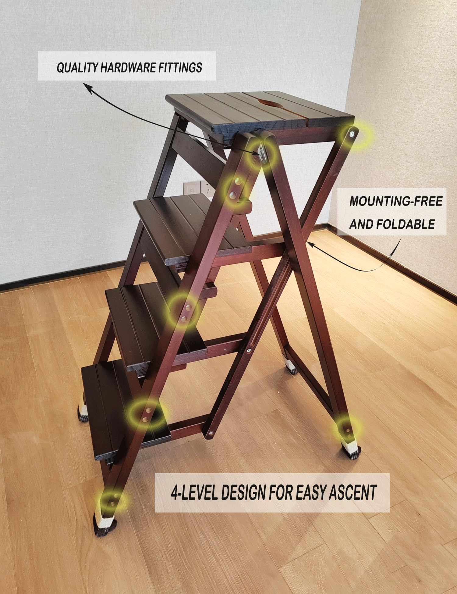 Step Stool for Adults/Step Ladder/Counter Chair, Step Folding Portable Wooden Step Stool, Anti-Slip & Lightweight(Size:Walnut 4 layers)