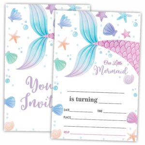 awsice little mermaid birthday invitations, under the sea fill-in invite cards for birthday party, 20 invitations with envelopes, decorations,party favor and supply-b05