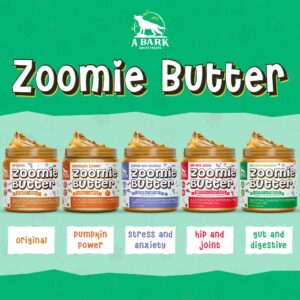 Zoomie Butter Gut & Digestive Pre & Probiotic Dog Peanut Butter Spread, All Natural Dog Treat. Human Grade & Safe Puppy Food, Peanuts & Blueberries for Digestion, Inflammation, Grown & Made in USA