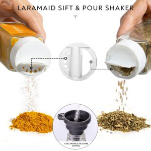 Laramaid 4oz 48Pack Glass Jars with 304 Minimalist White Premium Spice Labels, White Plastic Shaker Lid Dispenser, Black Chalk Marker, Cleaning Brush and Collapsible Silicone Funnel