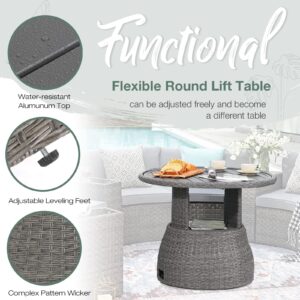 SUNSITT Outdoor Patio Lift Coffee Table, Round Patio Side Table with Aluminum Tabletop, 33in Wicker Furniture Multi-Function Storage Dining Table, Grey