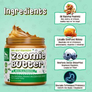 Zoomie Butter Gut & Digestive Pre & Probiotic Dog Peanut Butter Spread, All Natural Dog Treat. Human Grade & Safe Puppy Food, Peanuts & Blueberries for Digestion, Inflammation, Grown & Made in USA