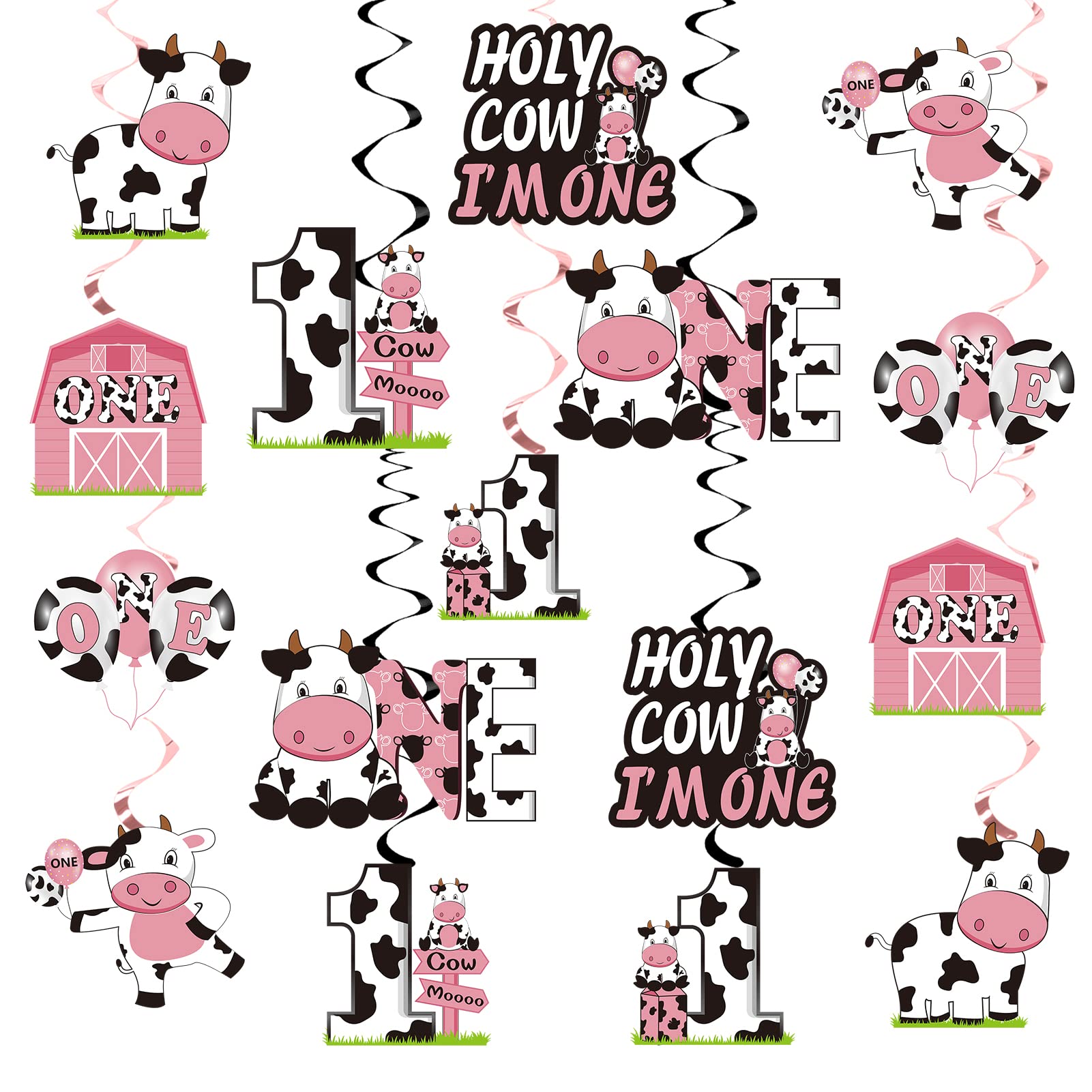 Holy Cow Im One Birthday Decorations Hanging Swirl for Baby Girl, Pink Cow First Birthday Foil Swirls Party Supplies, Baby 1st Bday Cow Theme Ceiling Hanging Sign