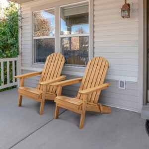 Yaheetech Folding Adirondack Chair Set of 2 Outdoor, 300LBS Solid Wood Garden Chair Weather Resistant, Fire Pit Lounge Chairs for Garden/Yard/Patio/Lawn, Natural Wood