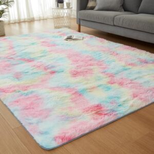 jkmax fluffy shag rugs for living room，tie-dyed rainbow soft plush fuzzy 7x10 area rugs for bedroom nursery girls boys room kids room decor，upgrade anti-skid large carpet for home decor aesthetic