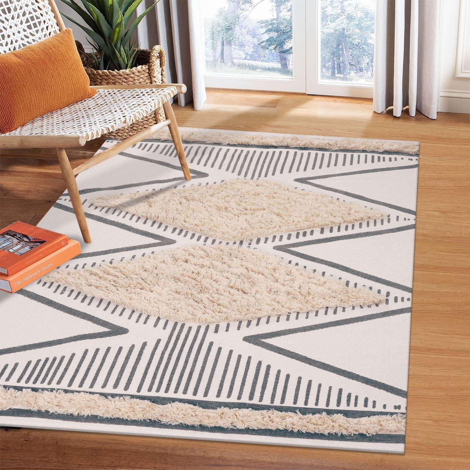 LEEVAN Boho Area Rug 3'x5', Farmhouse Tufted Rugs for Living Room, Modern Hand-Woven Tribal Small Bedroom Rugs, Wasnable Geometric Cream Carpet for Playroom/Kids/Classroom/Nursery