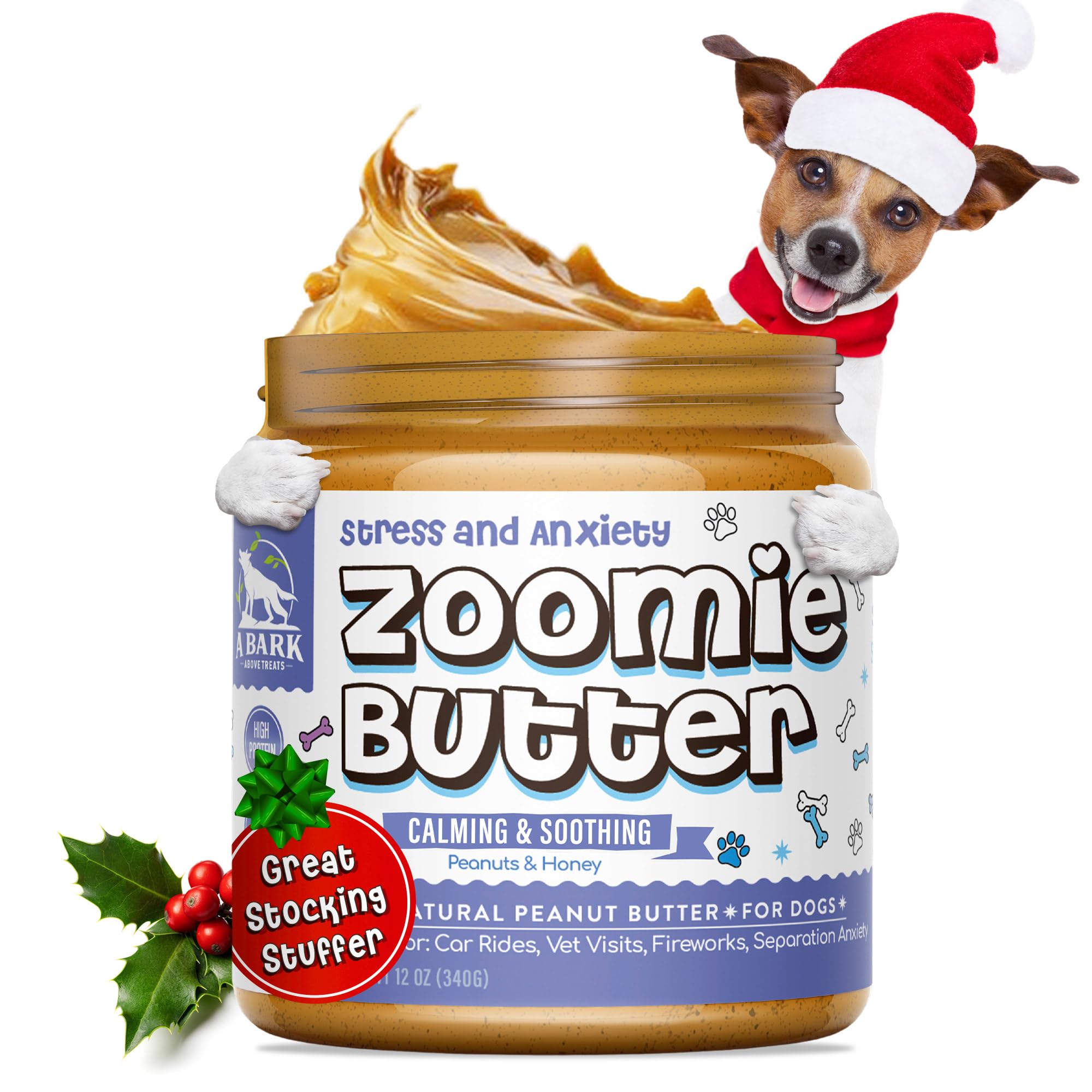 Zoomie Butter Stress & Anxiety Dog Peanut Butter Spread Supplement, All Natural Calming Dog Treat. Human Grade & Safe Puppy Food, Passion Flower for Separation Anxiety, Behavior Aid, USA Grown & Made