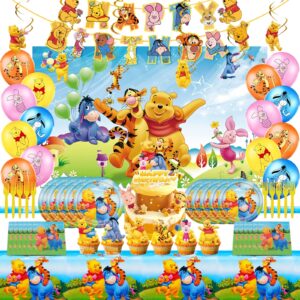 winnie the pooh birthday party supplies, include banner, background, hanging swirls decorations, latex balloons, plates, cutlery, napkins,great birthday and baby shower tableware and decorations set