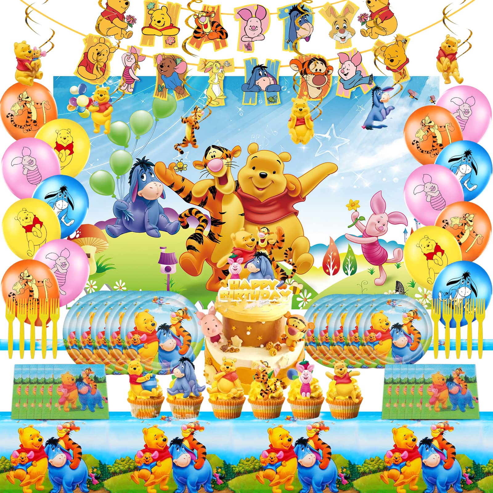 Winnie The Pooh Birthday Party Supplies, Include Banner, Background, Hanging Swirls Decorations, Latex Balloons, Plates, Cutlery, Napkins,Great Birthday and Baby Shower Tableware and Decorations Set