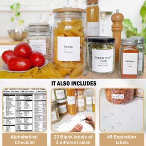 403 Pcs Kitchen Pantry Labels for Food Containers, 3 Sizes Preprinted Minimalist Waterproof Pantry Labels, With Oil & Vinegar Bottle Labels, Spice Jars Labels, Expiry Labels and Blank Labels