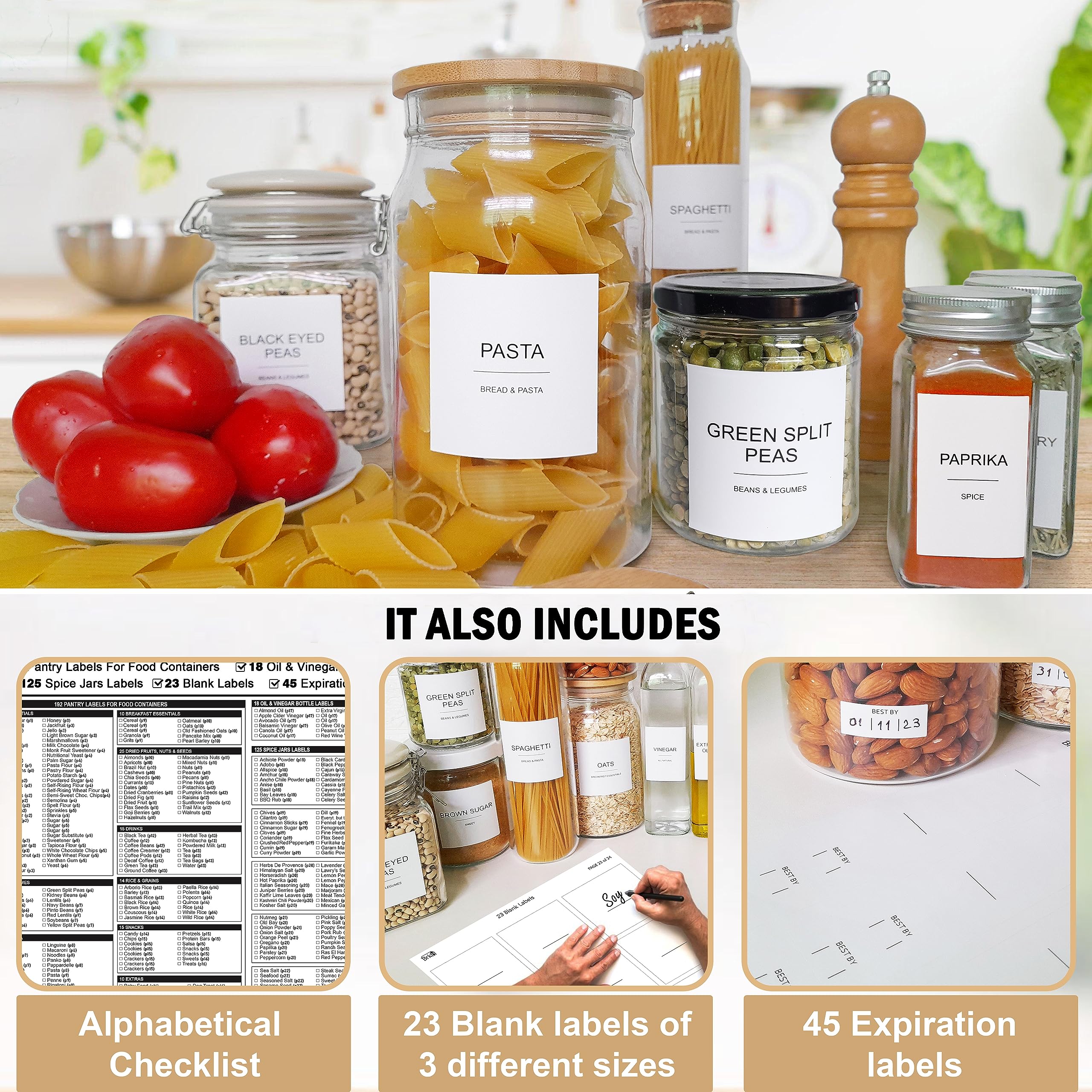 403 Pcs Kitchen Pantry Labels for Food Containers, 3 Sizes Preprinted Minimalist Waterproof Pantry Labels, With Oil & Vinegar Bottle Labels, Spice Jars Labels, Expiry Labels and Blank Labels