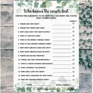 RokAPary Eucalyptus Who Knows The Couple Best, Wedding, Bridal Shower, Bachelorette or Engagement Party Game, Couples Guessing Play Pack of 50 Cards 5”x7” Made in USA