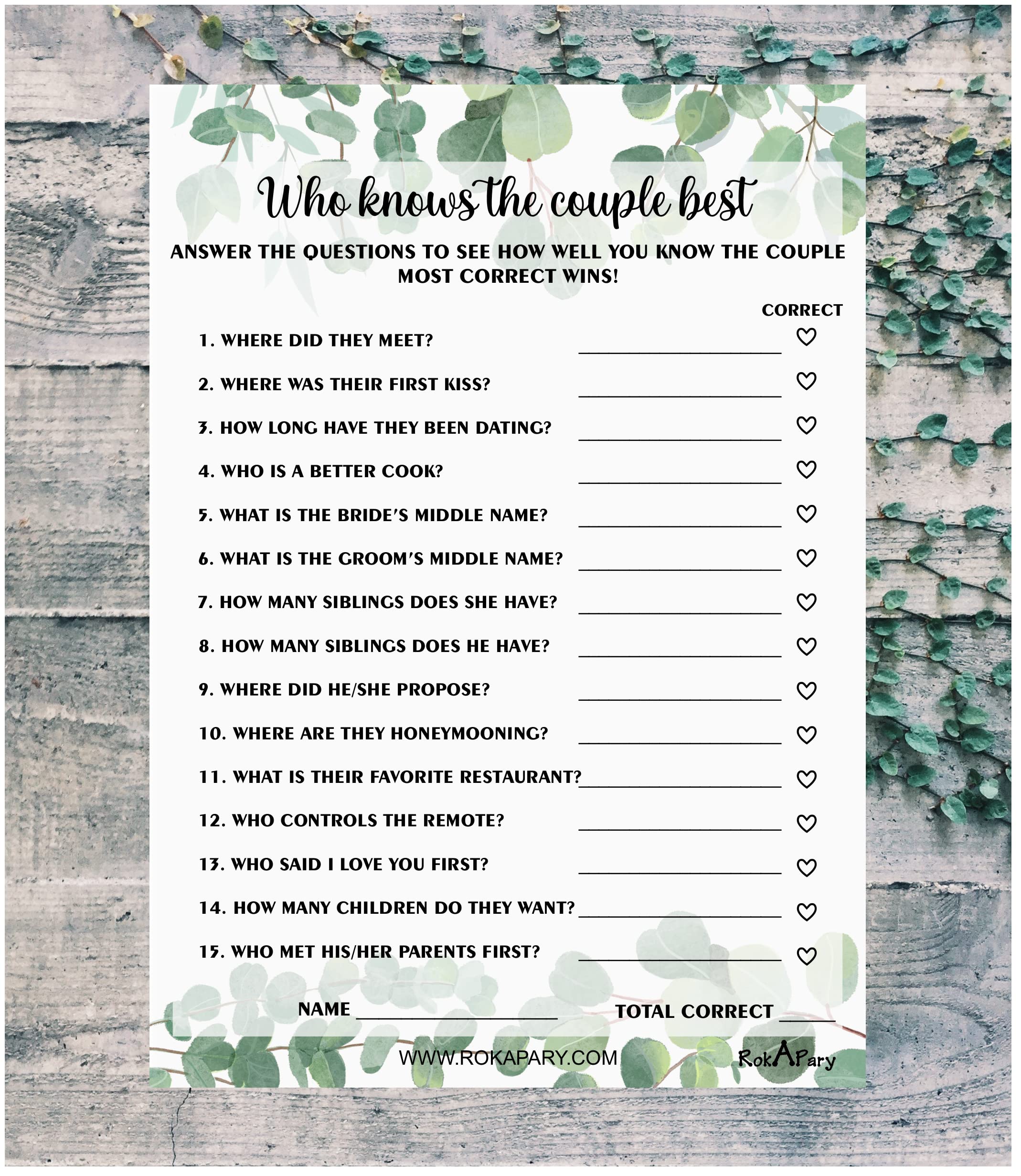 RokAPary Eucalyptus Who Knows The Couple Best, Wedding, Bridal Shower, Bachelorette or Engagement Party Game, Couples Guessing Play Pack of 50 Cards 5”x7” Made in USA