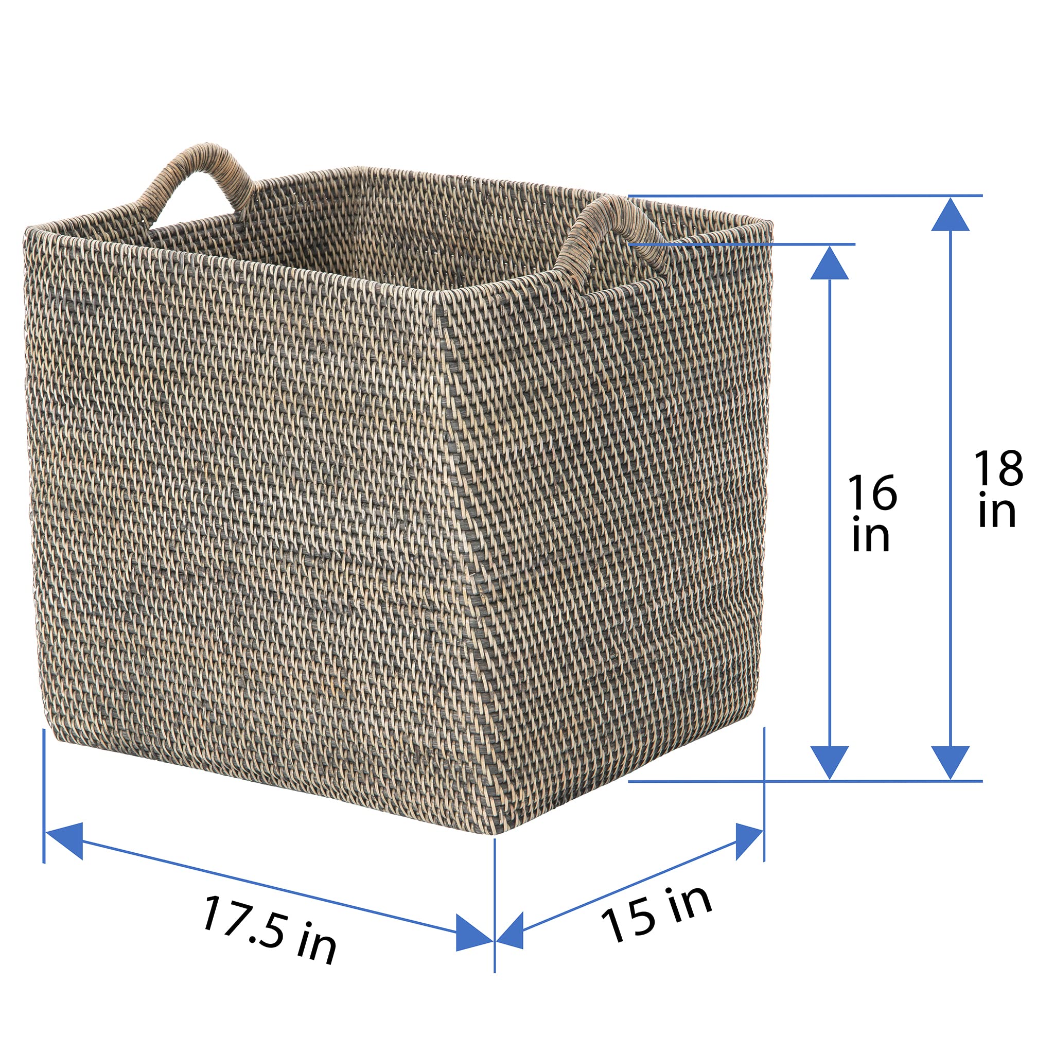 Loma Rectangular Rattan Storage Basket with Handles - Large - Black-Wash - Coastal-Inspired Handwoven Rattan Basket for Home Organization & Décor