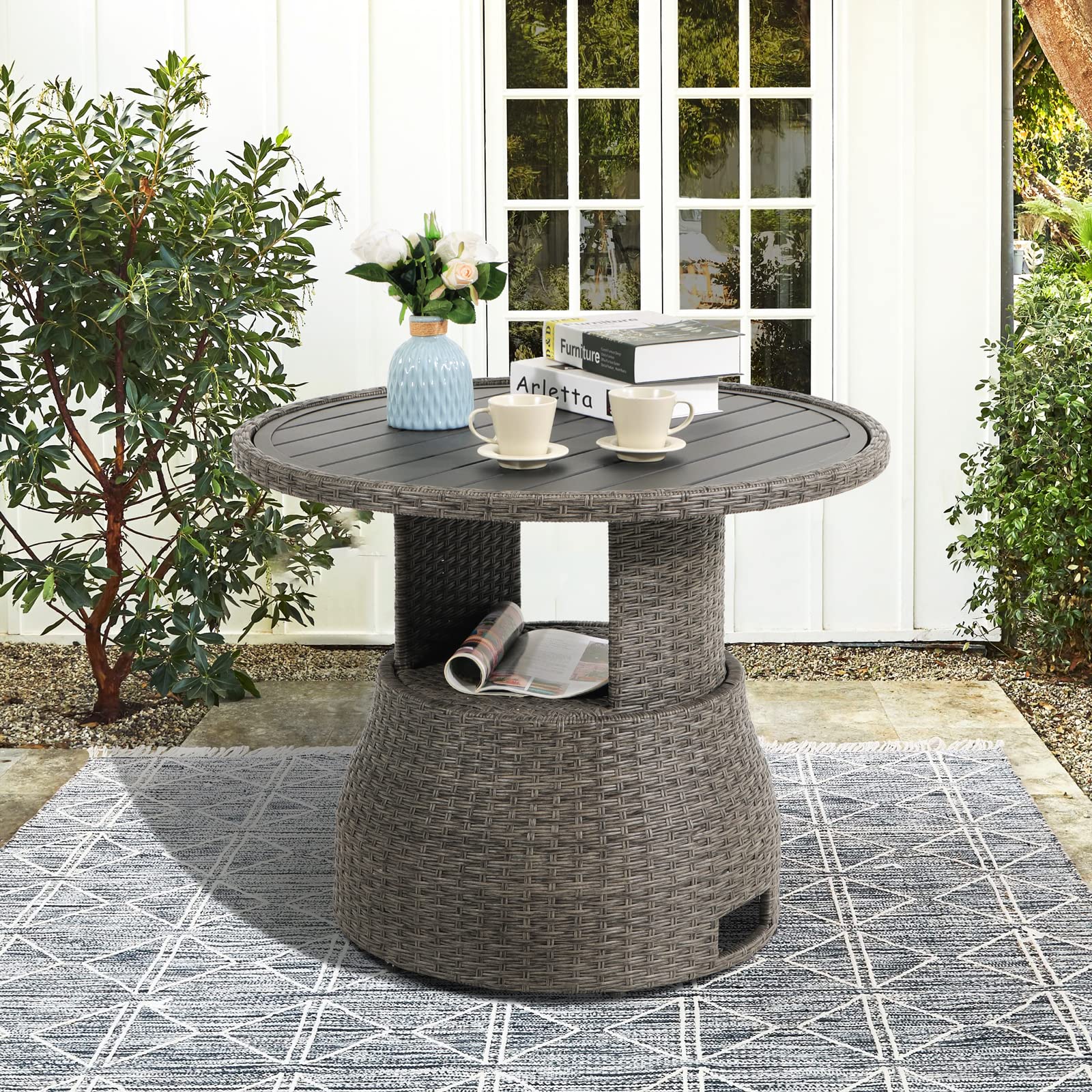 SUNSITT Outdoor Patio Lift Coffee Table, Round Patio Side Table with Aluminum Tabletop, 33in Wicker Furniture Multi-Function Storage Dining Table, Grey