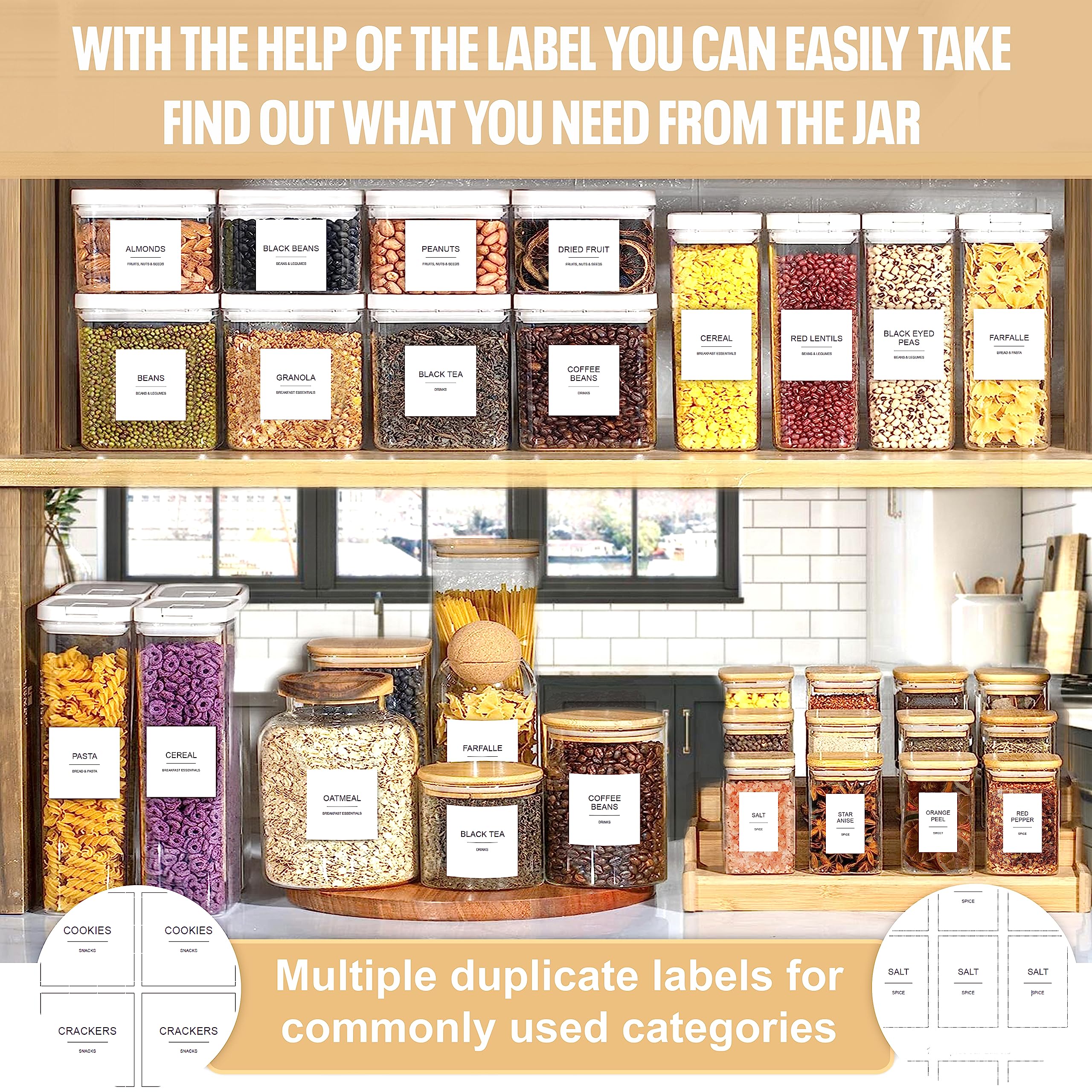 403 Pcs Kitchen Pantry Labels for Food Containers, 3 Sizes Preprinted Minimalist Waterproof Pantry Labels, With Oil & Vinegar Bottle Labels, Spice Jars Labels, Expiry Labels and Blank Labels